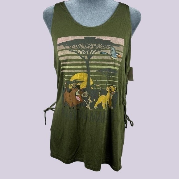 Disney Tops - Disney The Lion King Green Tank Top Juniors Large Front Graphic Lace-Up Side NEW